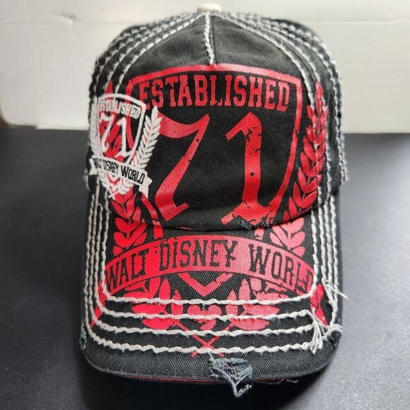 Walt Disney World Hat Cap Distressed All Over Embroidered Stitching Strap Back - Picture 1 of 11